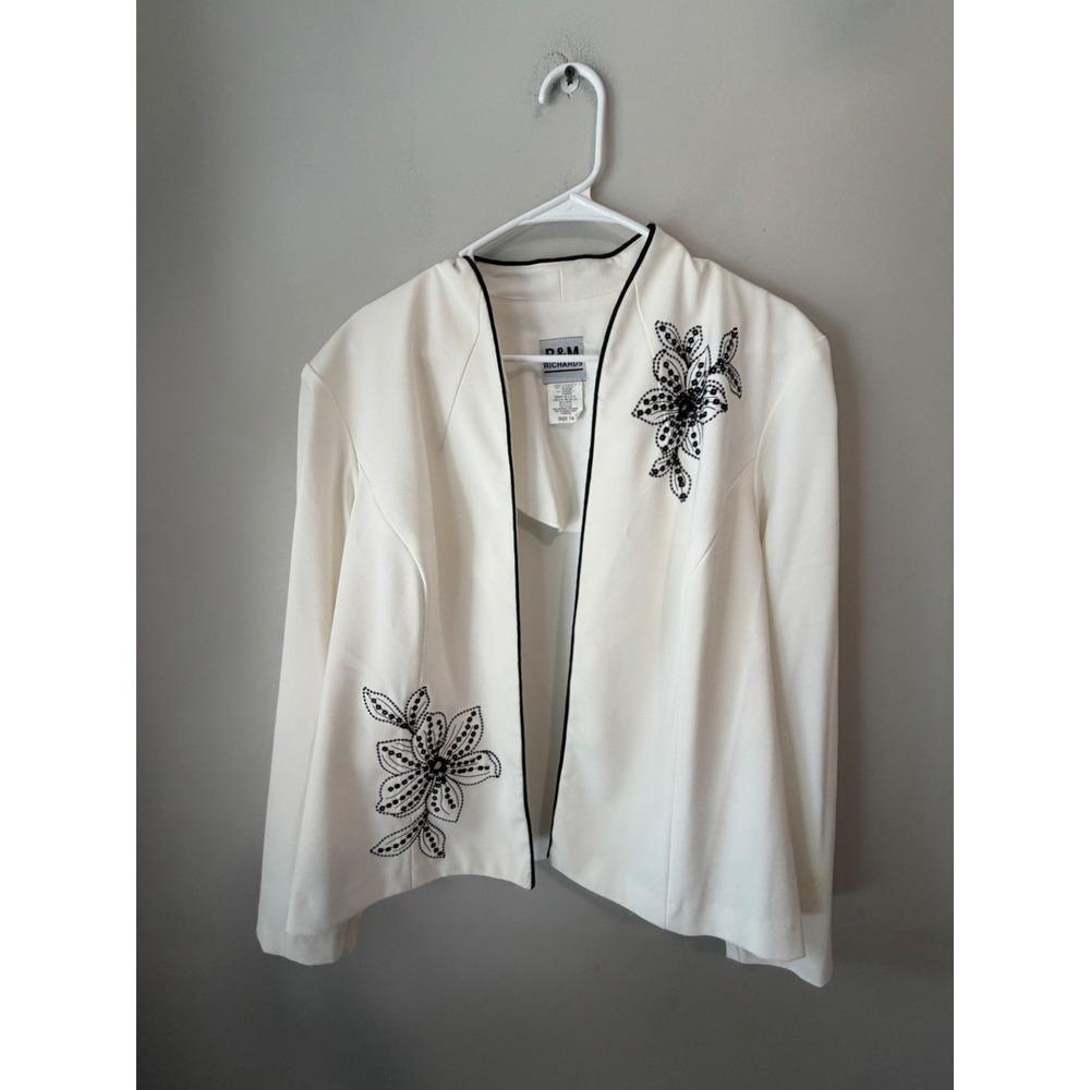 R&M Richards Womens White Open Front Floral Beaded Evening Jacket Size 18
